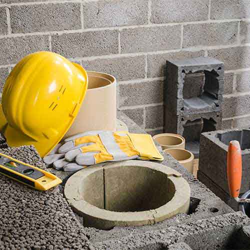 Stock photo of chimney flue that includes hard hat, level, gloves and blocks.