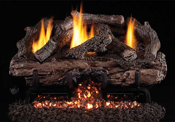 RealFyre Gas Logs logo.  Beautiful gas logs with flames and burning ash underneath the logs.